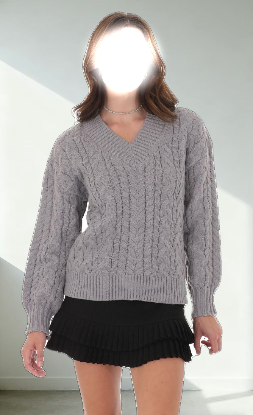 Cable Knit V-Neck Jumper in Grey