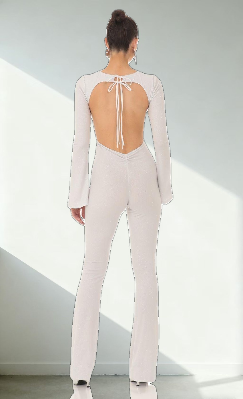 Silver Shimmer Open Back Jumpsuit in White