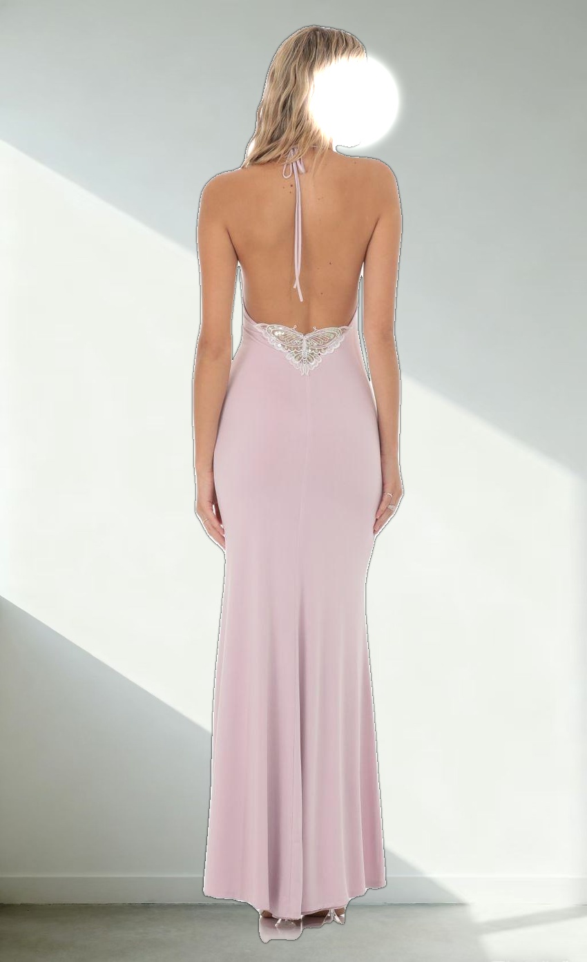 Halter Open Back Butterfly Maxi Dress in Lilac