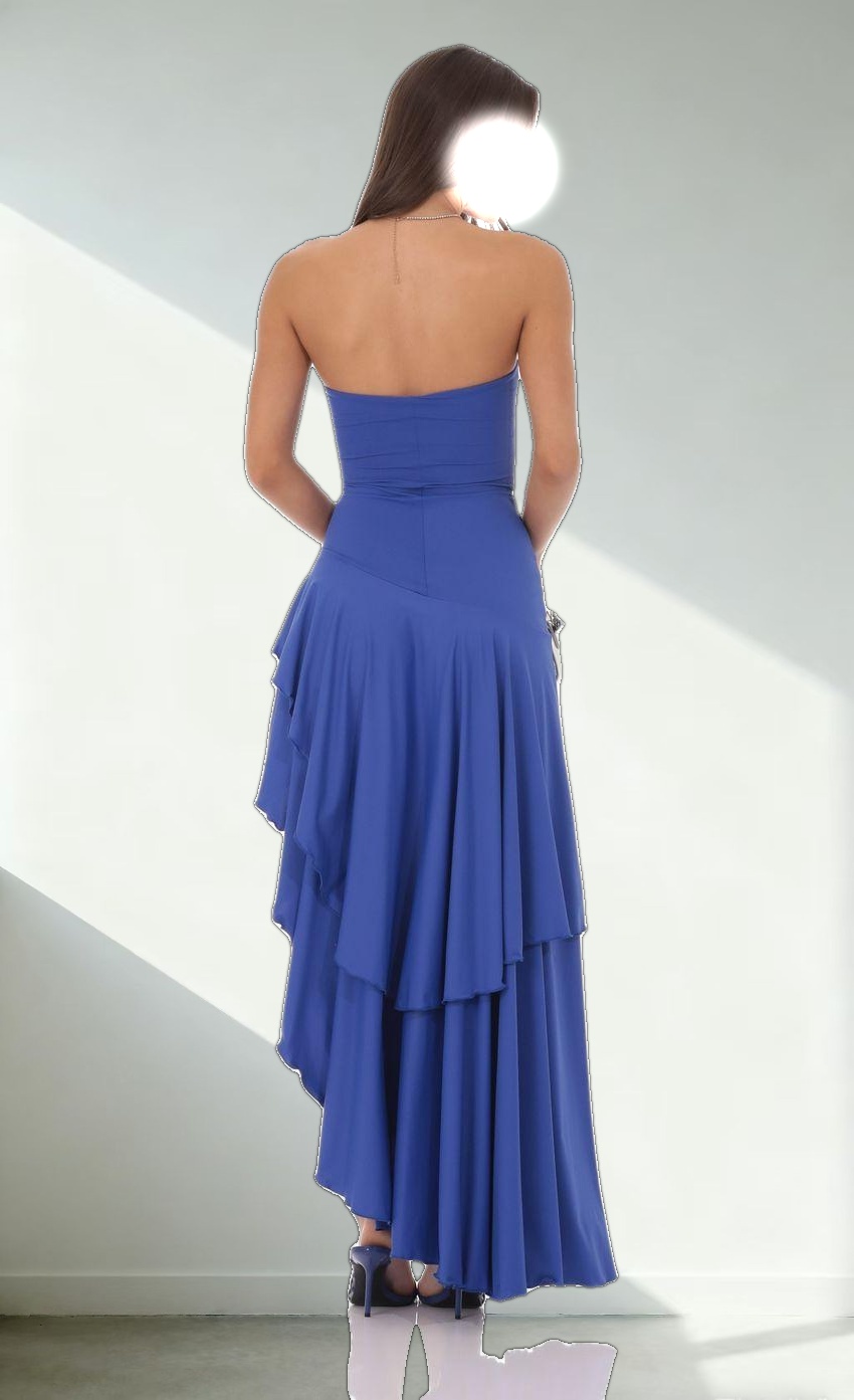Strapless Ruffle Asymmetrical Maxi Dress in Royal Blue