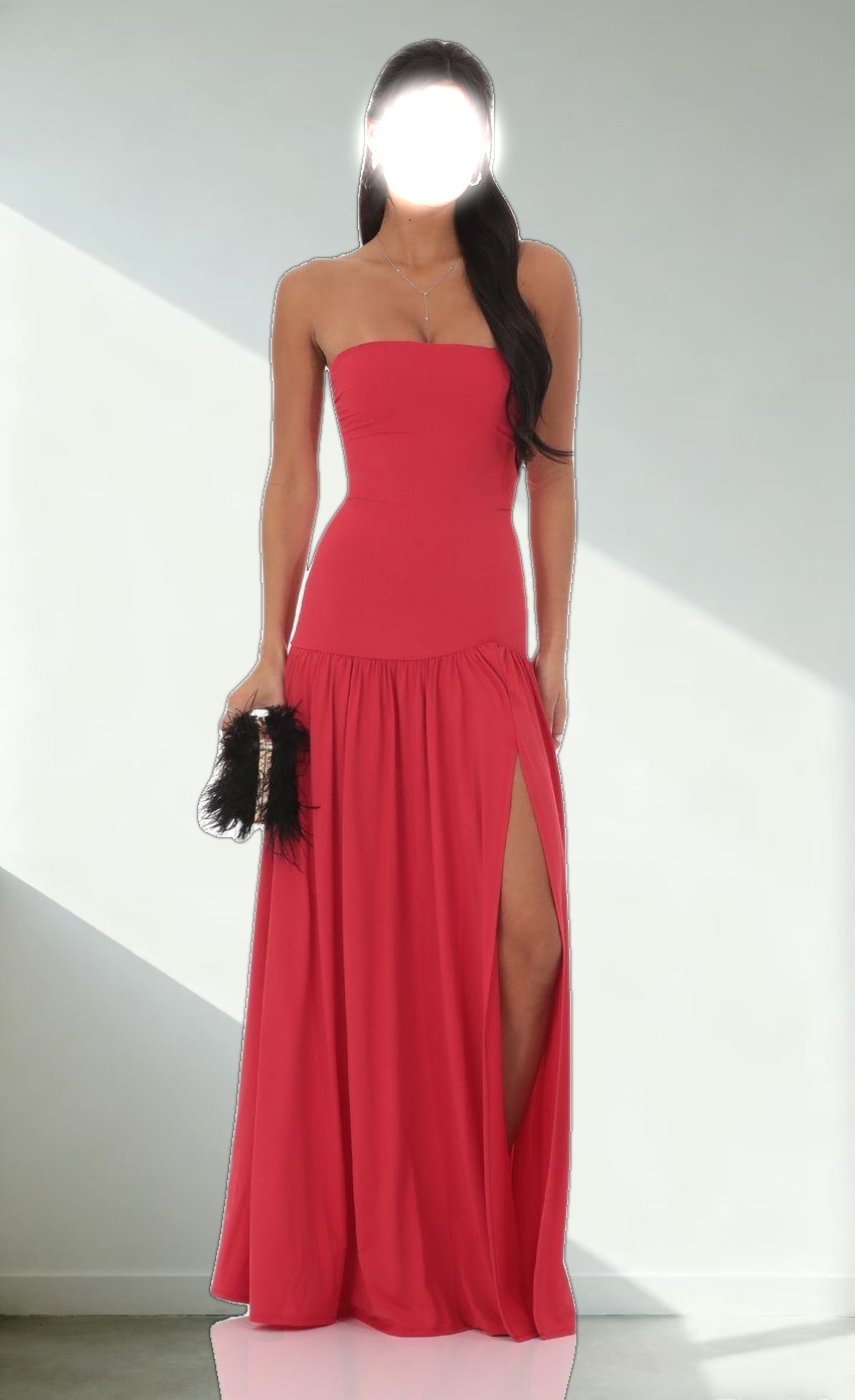 Strapless Drop Waist Maxi Dress in Red