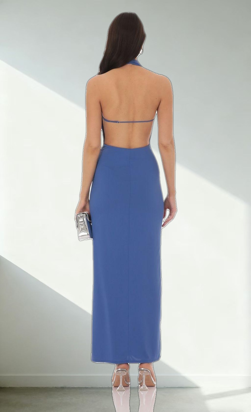 Plunge Cowl Neck Halter Maxi Dress in Slate Blue
