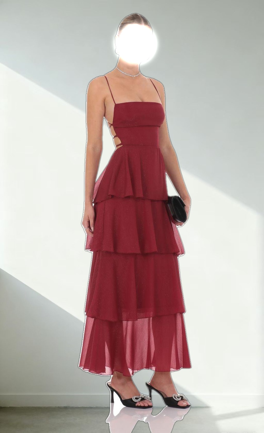 Shimmer Crinkle Maxi Dress in Maroon