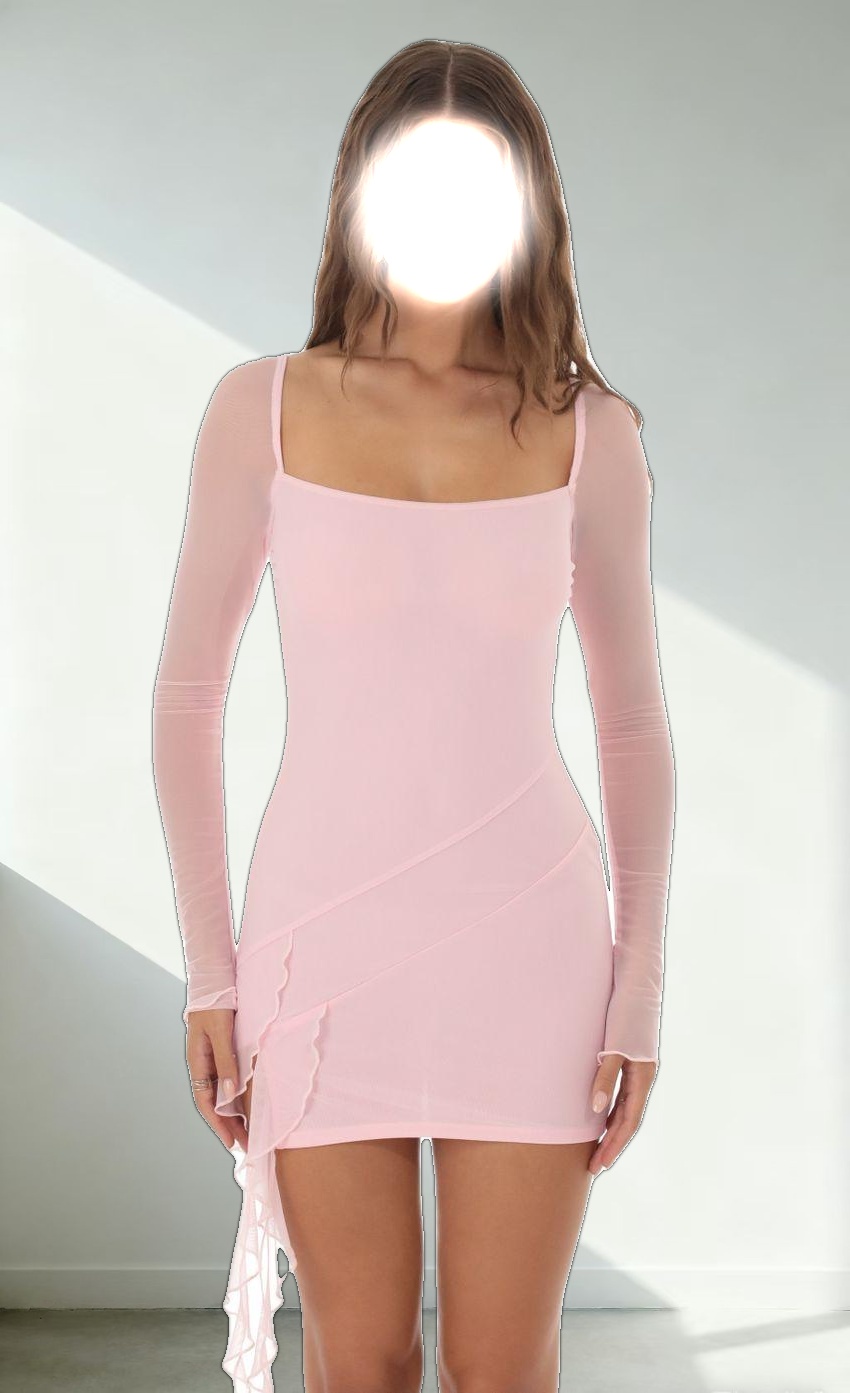 Mesh Long Sleeve Tassel Dress in Pink