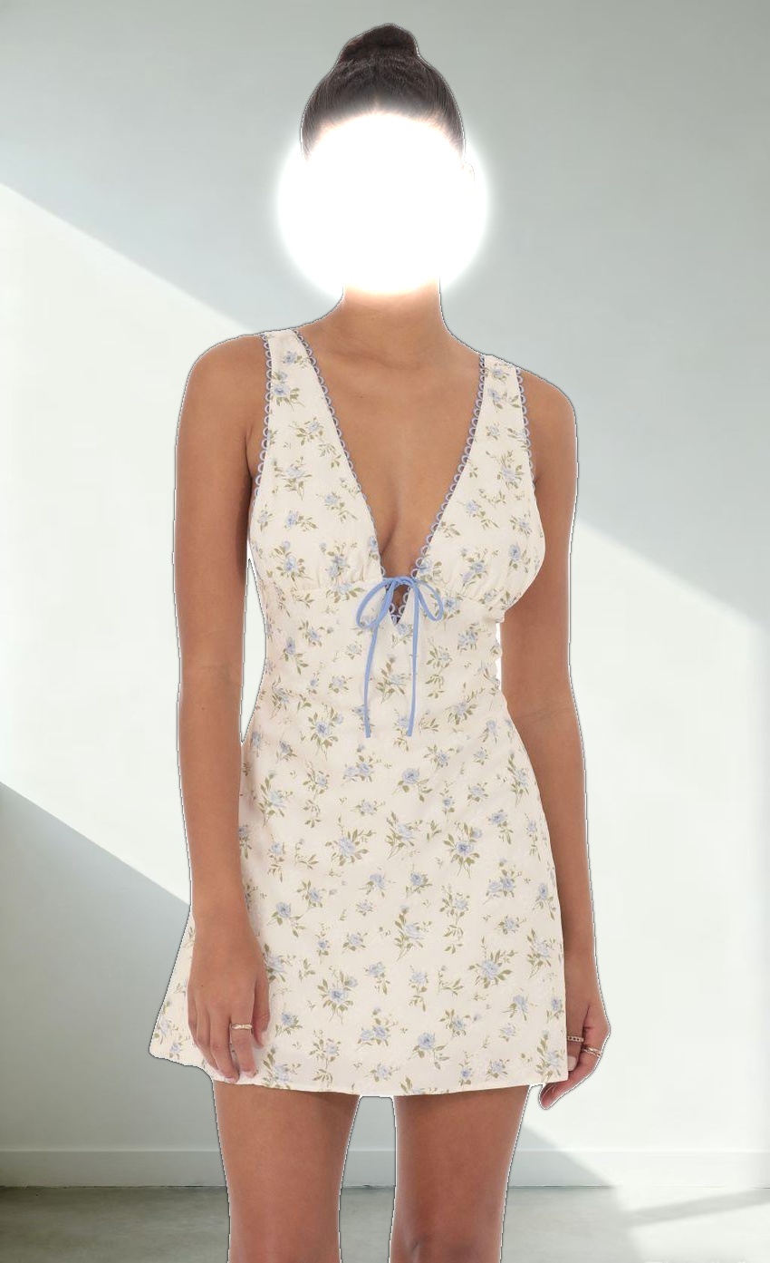 Floral Plunge Neck Dress in Cream