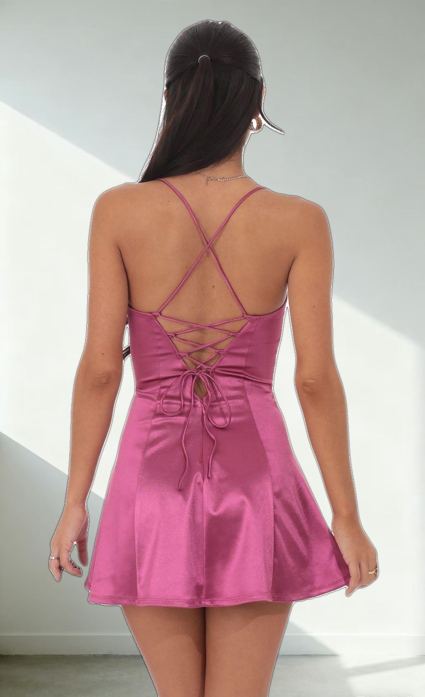 Satin Fit and Flare Dress in Magenta