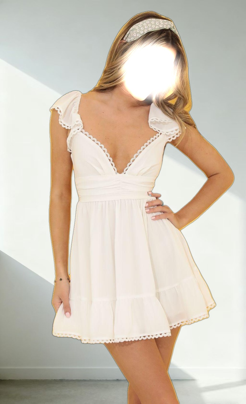 Embroidered Trim V-Neck Dress in White