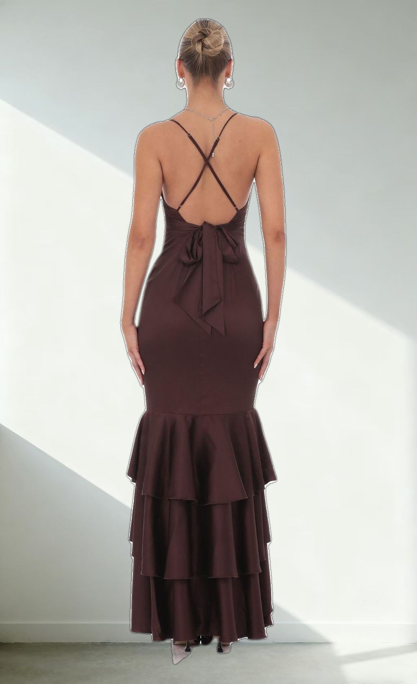 Satin Ruffle Fishtail Maxi Dress in Brown