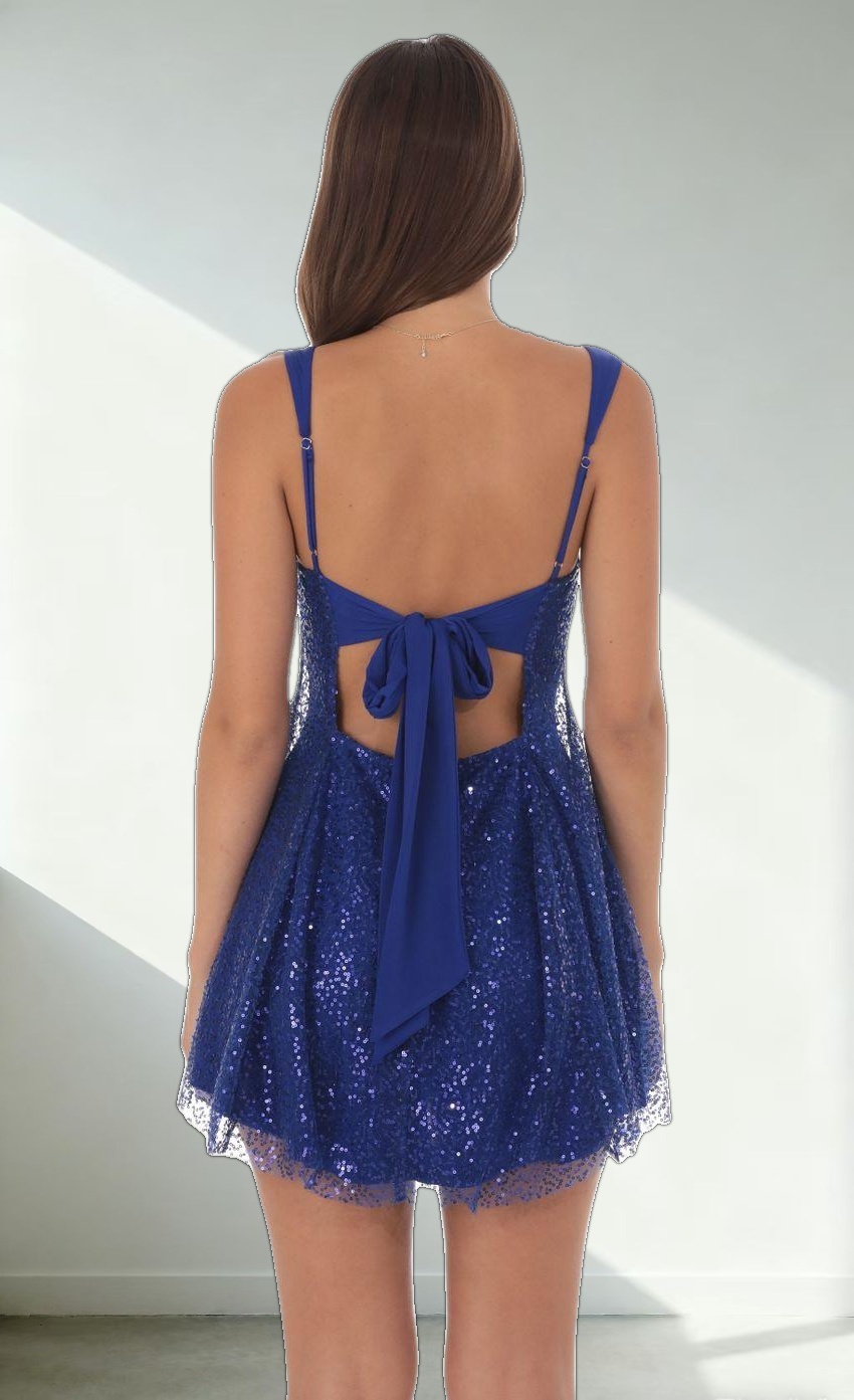 Sequin Beaded Fit and Flare Dress in Blue