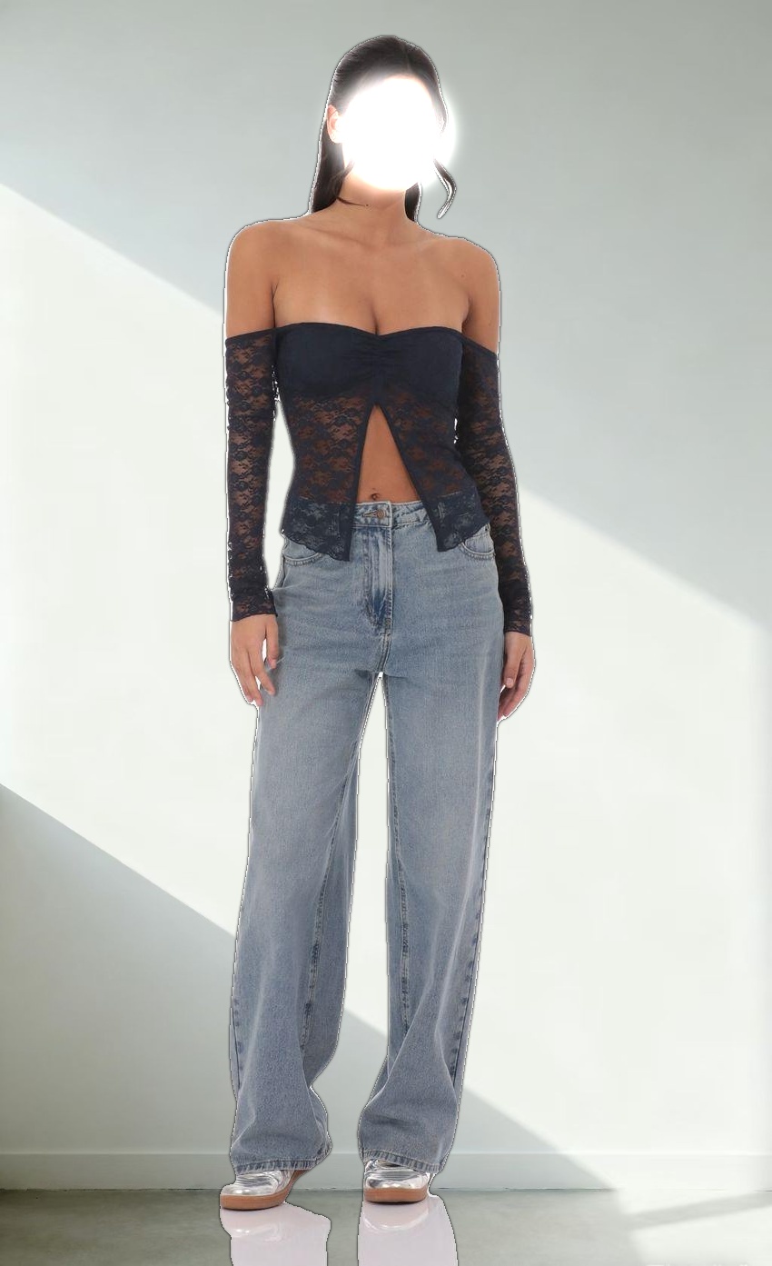 Off Shoulder Lace Flyaway Top in Navy