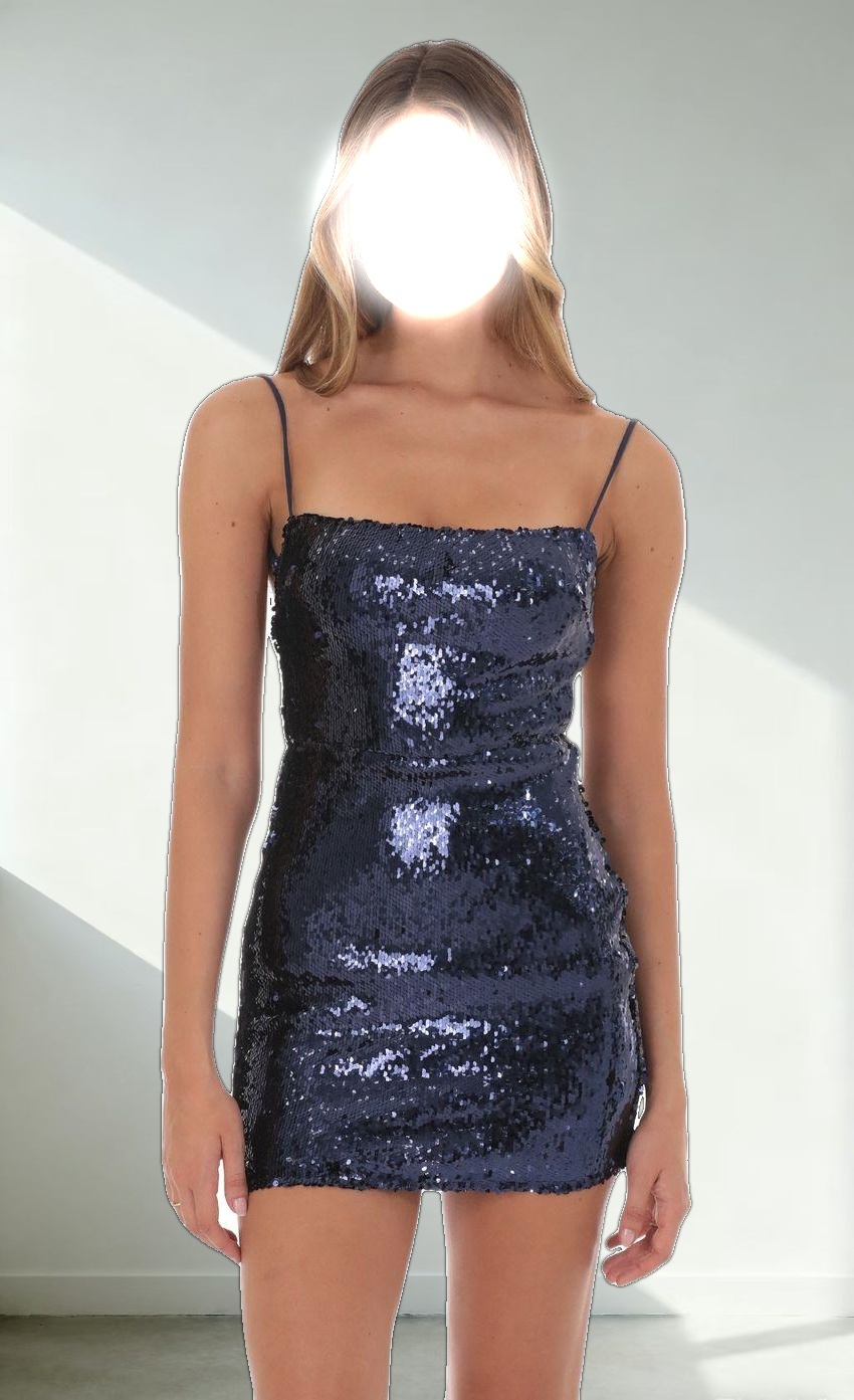 Sequin Square Neck Bodycon Dress in Navy