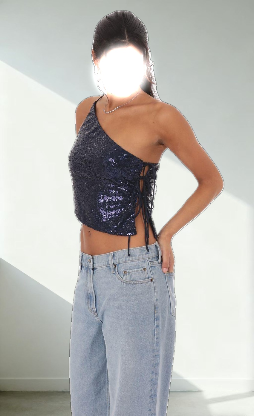 Sequin One Shoulder Tie Top in Navy