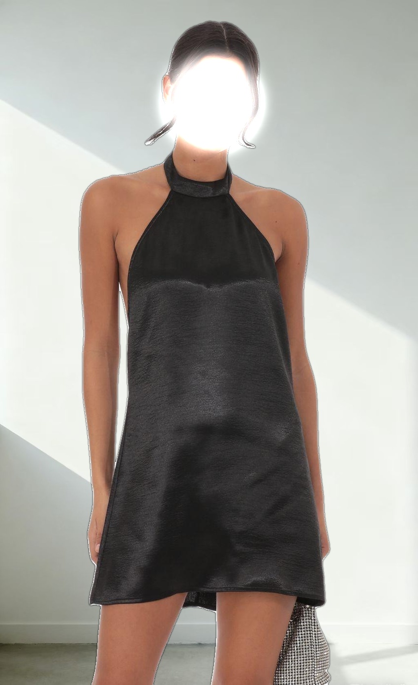 Satin Halter Shift Dress in Black
