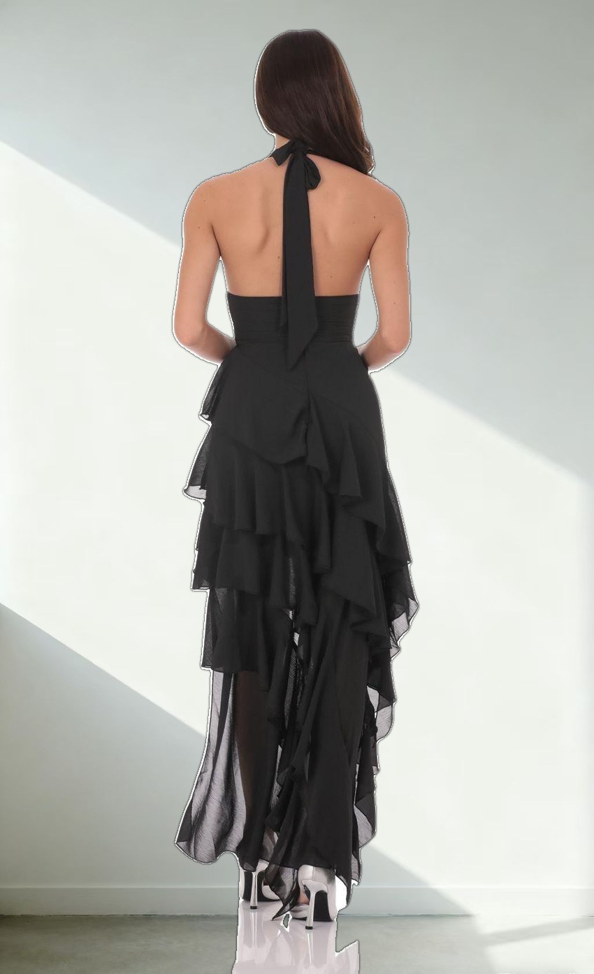 Asymmetrical Ruffle Maxi Dress in Black