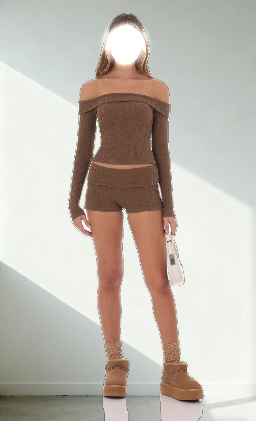 Knitted Off Shoulder Top in Brown