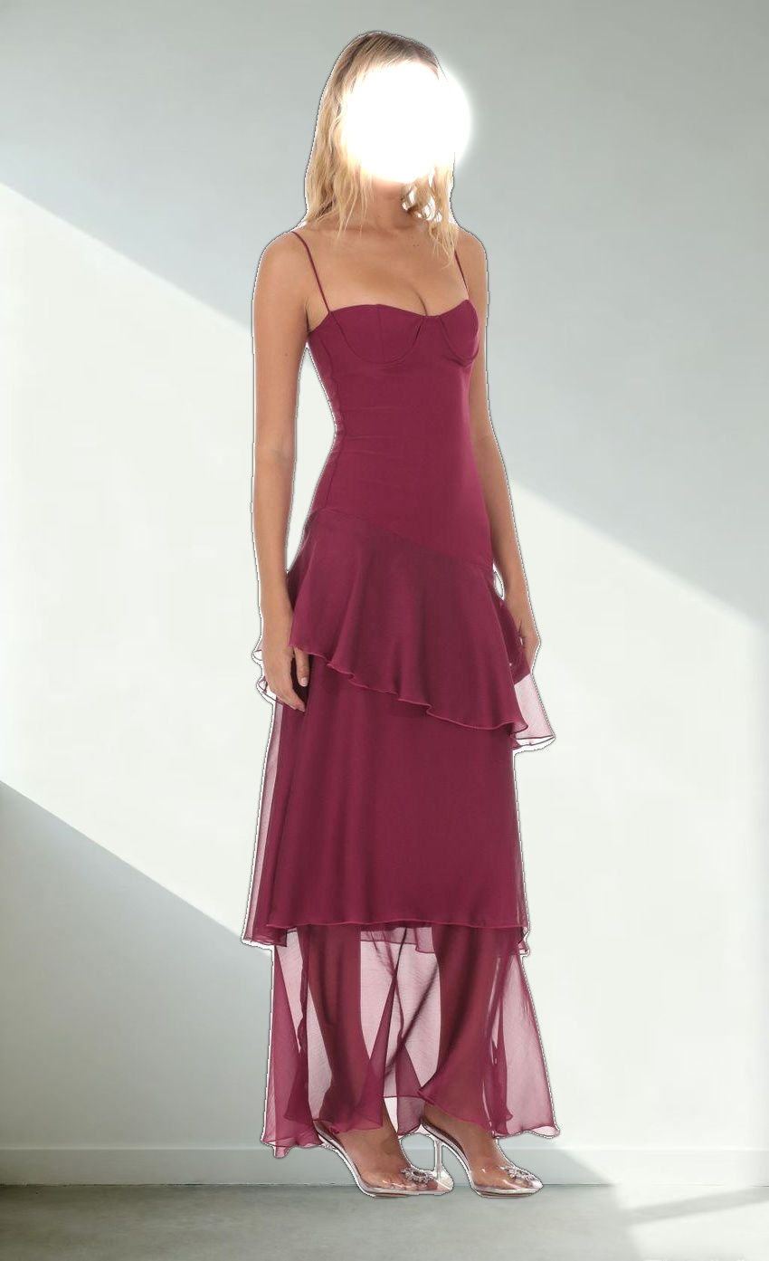 Long Ruffle Maxi Dress in Plum