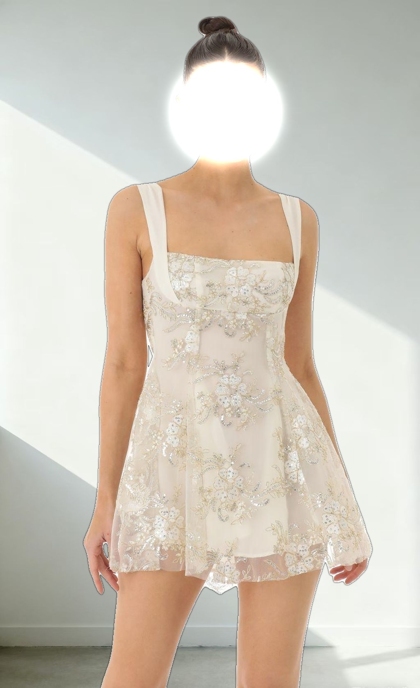 Floral Sequin Tulle Dress in White