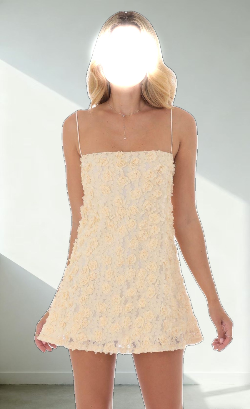 Textured Floral Square Neck Dress in Cream