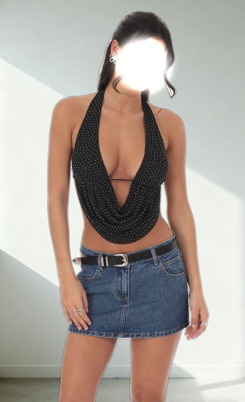 Rhinestone Mesh Draped Halter Top in Black