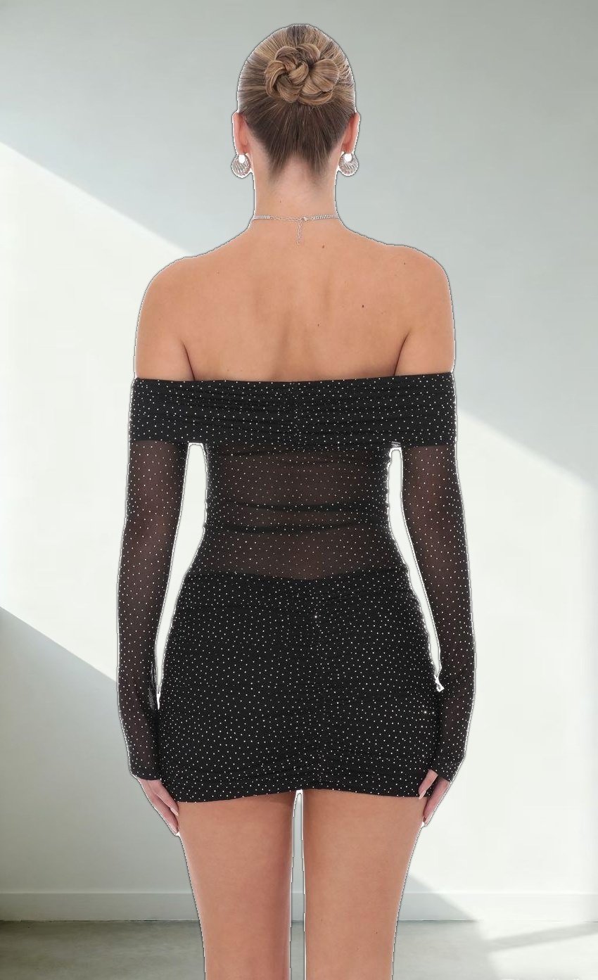 Rhinestone Mesh Off Shoulder Dress in Black