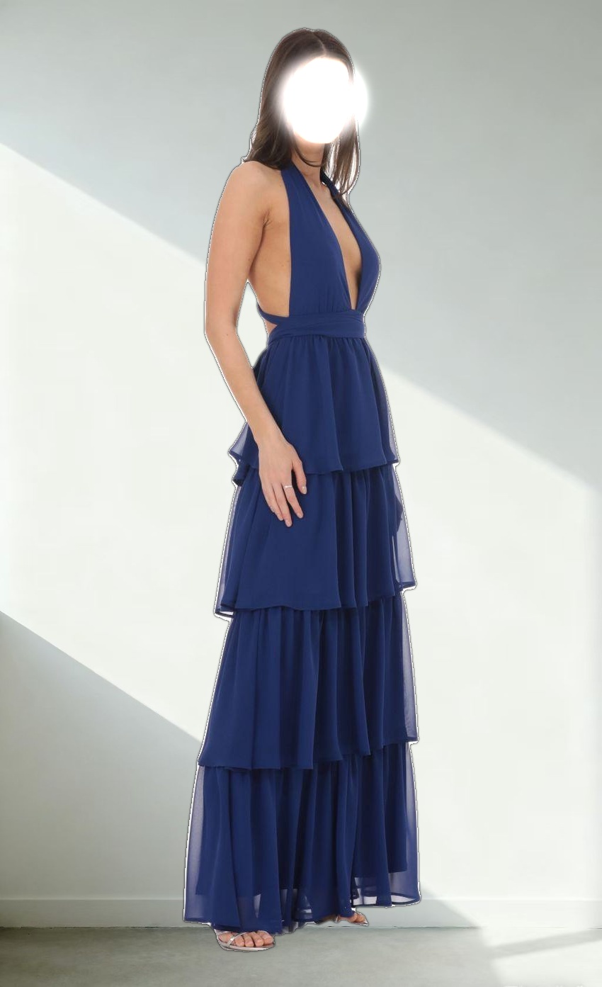 Chiffon Plunge Ruffle Dress in Blue