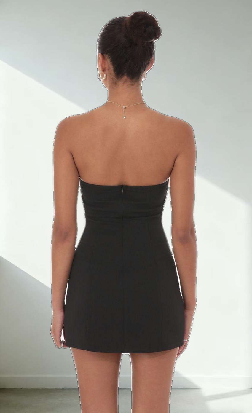 White Trim Strapless Dress in Black