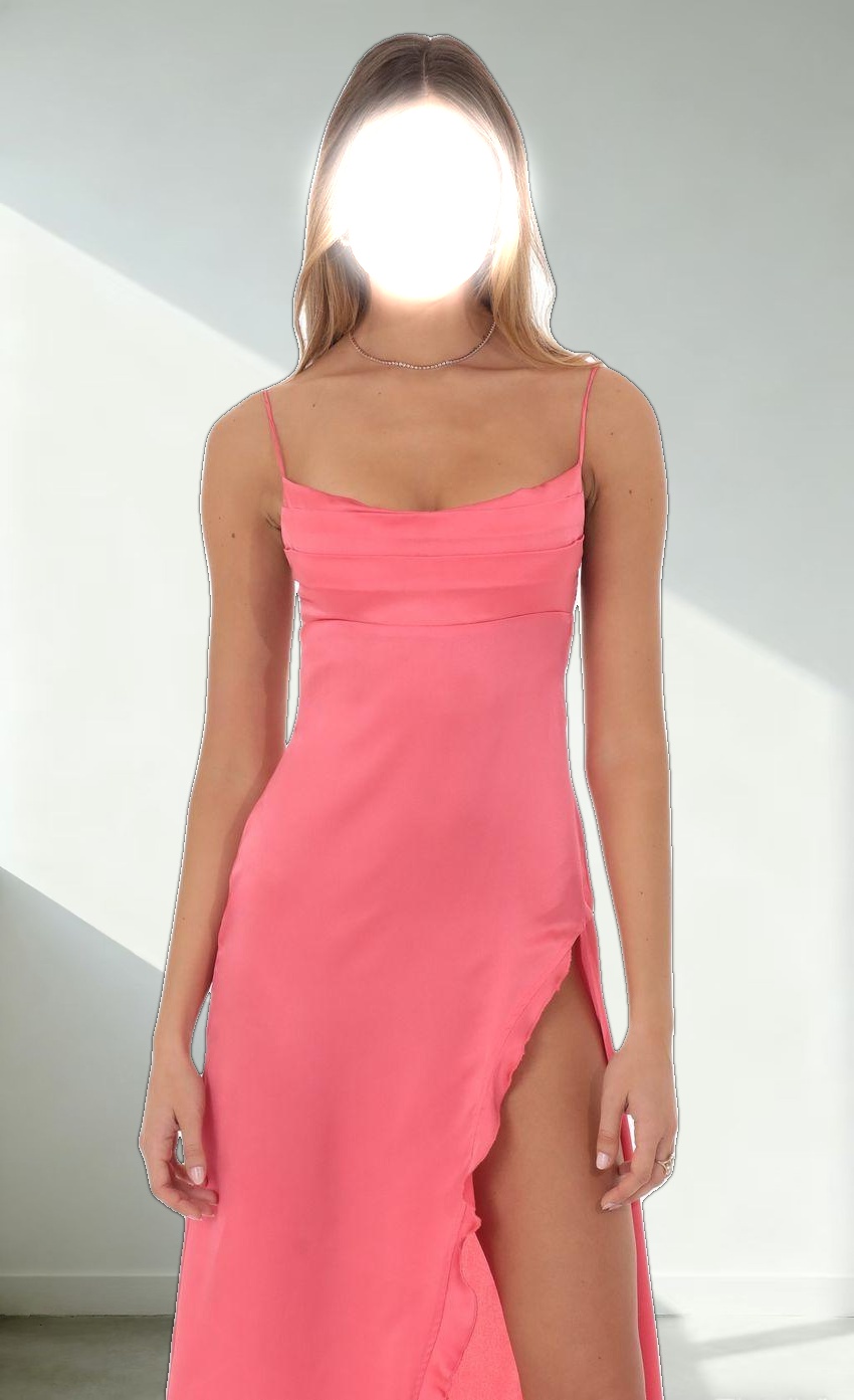 Cowl Neck Satin Open Back Maxi Dress in Coral