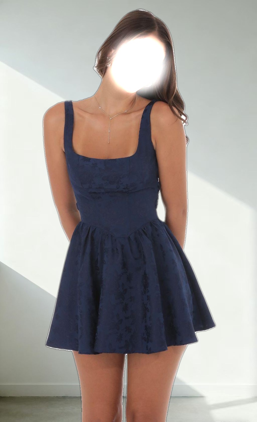 Floral Jacquard Open Back Bow Dress in Navy