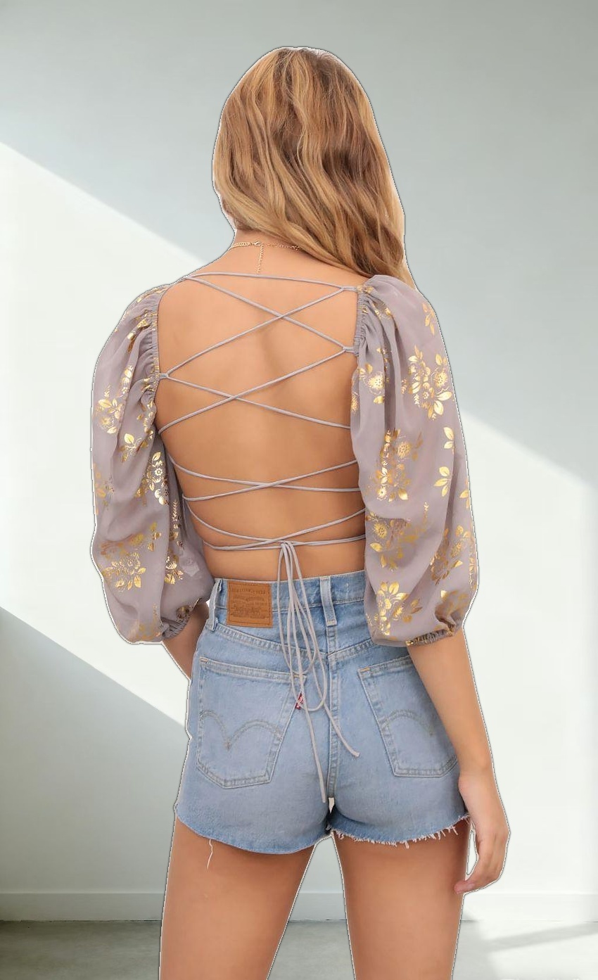 Gold Floral Puff Sleeve Top in Grey