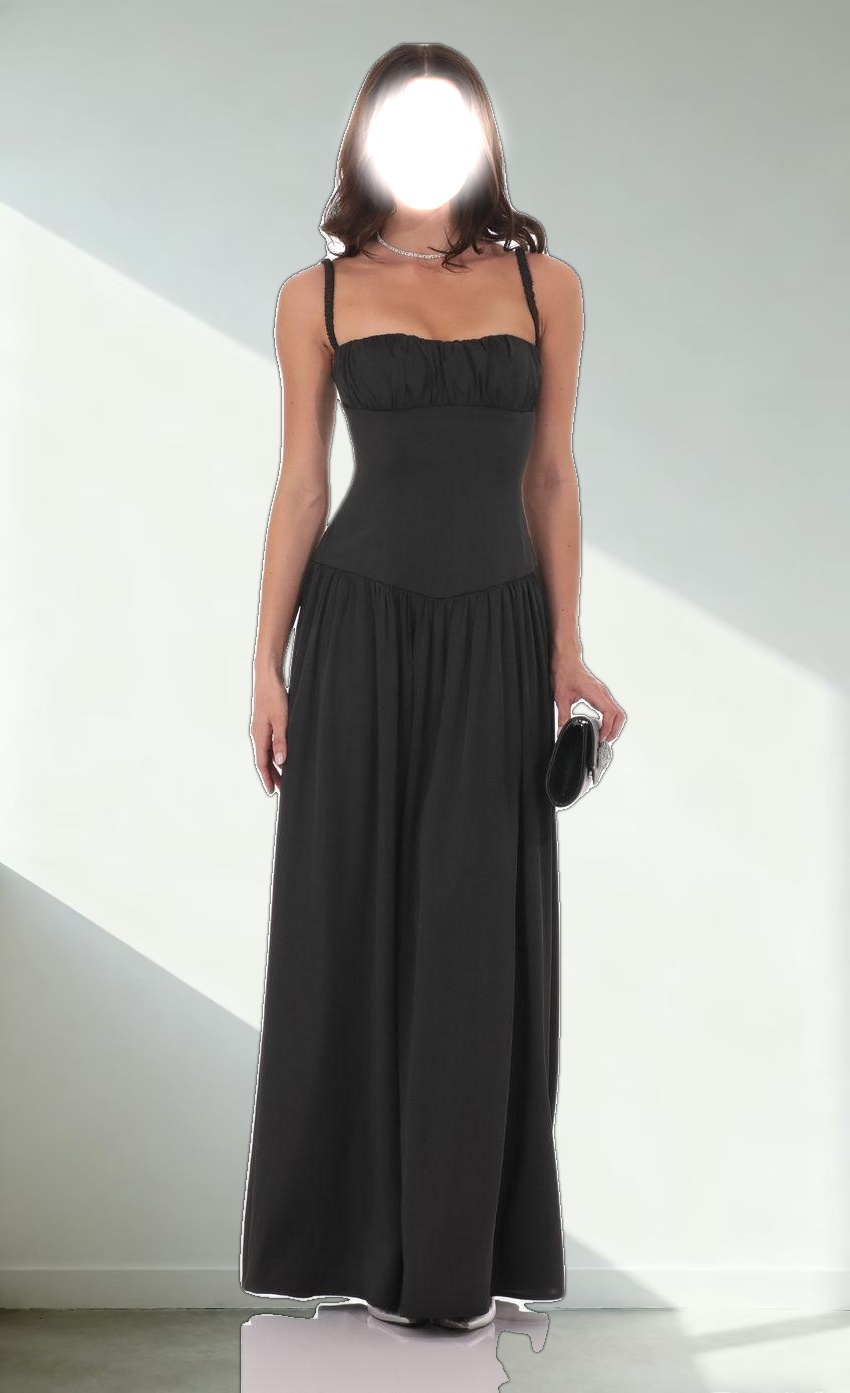 Satin Ruched Bust Maxi Dress in Black