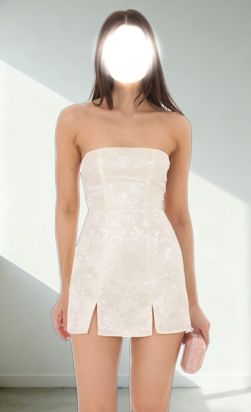 Jacquard Back Bow Strapless Dress in Cream