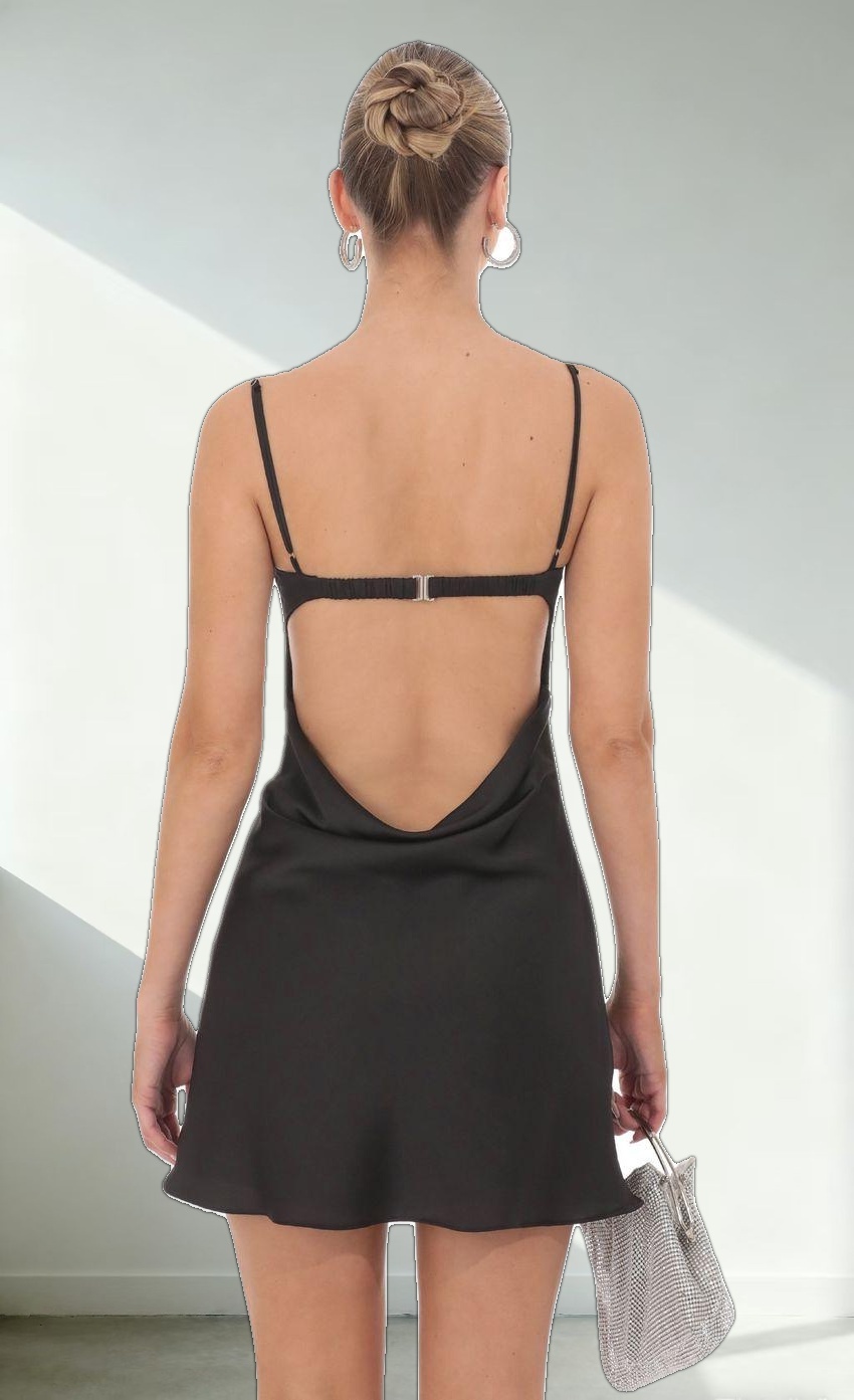 Satin Open Back Dress in Black