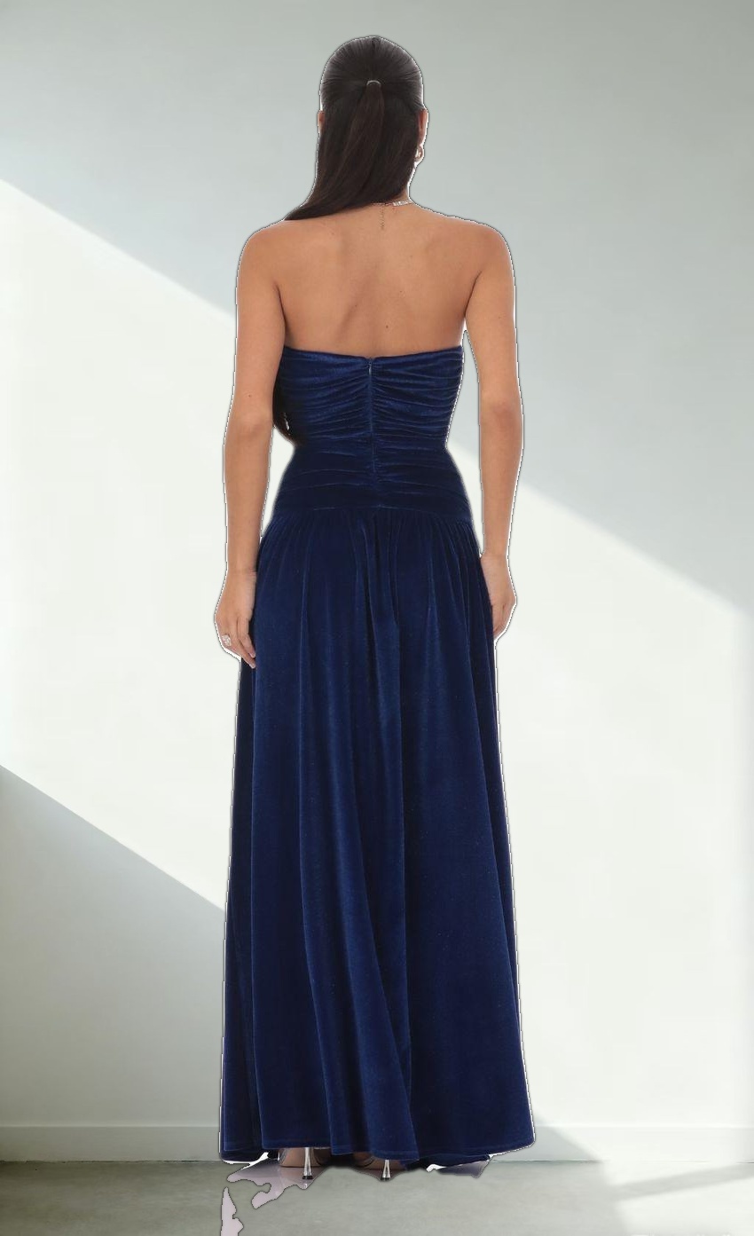 Velvet Ruched Drop Waist Maxi Dress in Navy