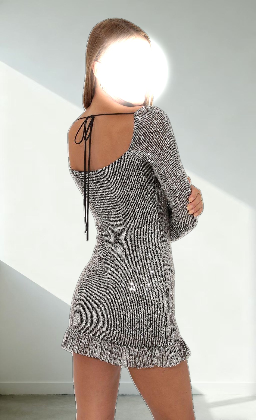 Celia Sequin Square Neck Ruffle Dress in Silver