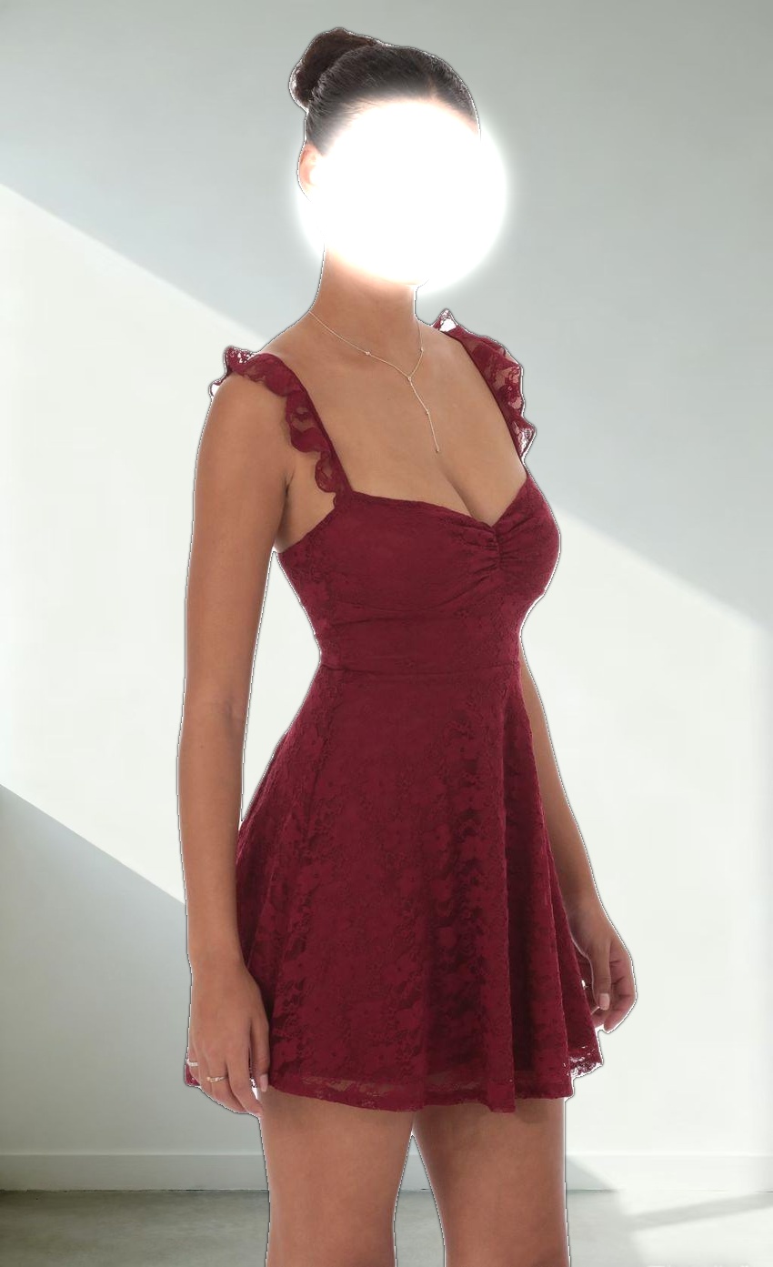 Lace Ruffle Strap A-Line Dress in Burgundy