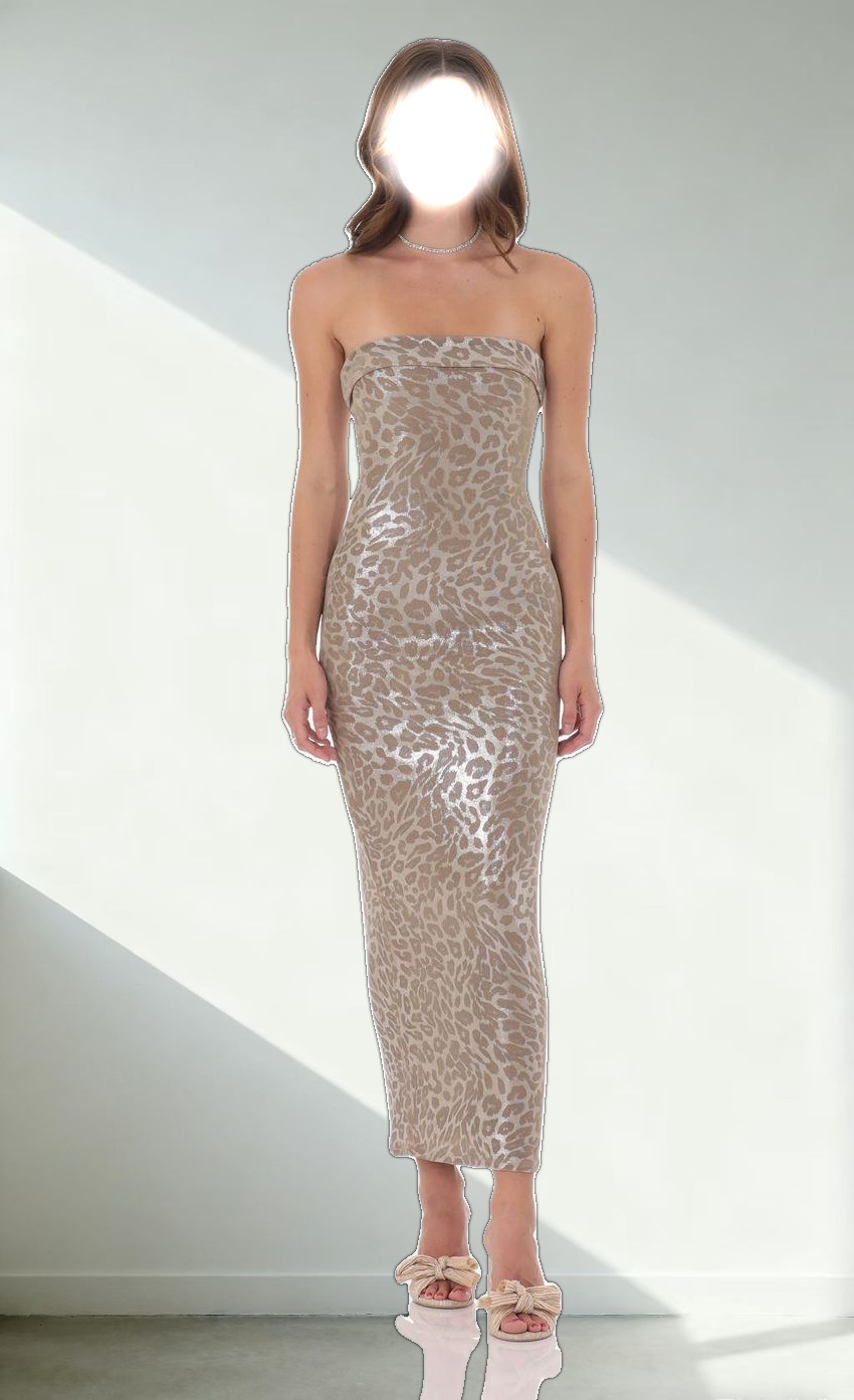 Strapless Metallic Maxi Dress in Cheetah Print