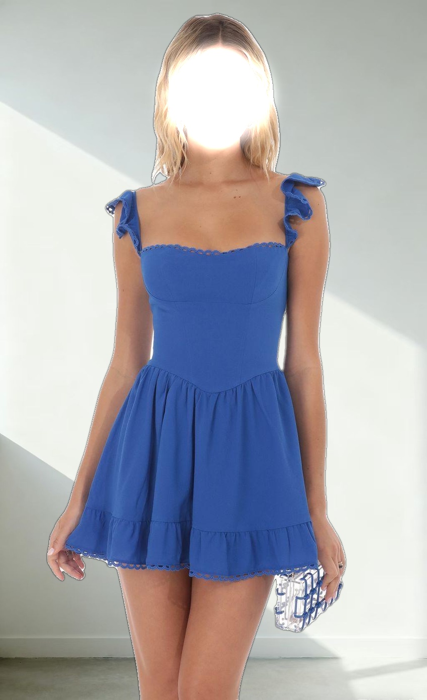 Embroidered Trim A-line Dress in Blue