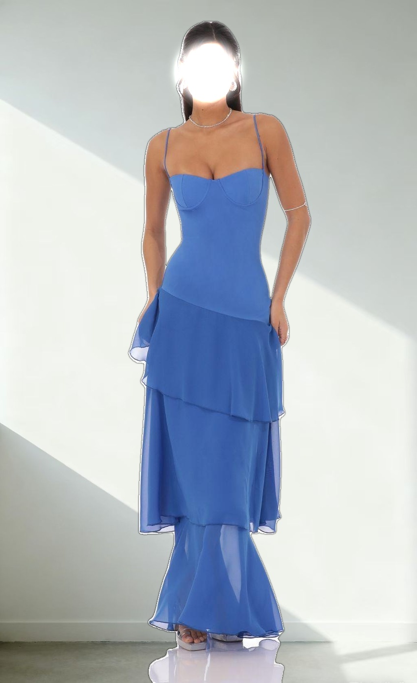 Long Ruffle Maxi Dress in Blue