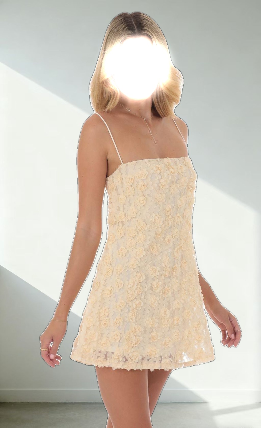 Textured Floral Square Neck Dress in Cream