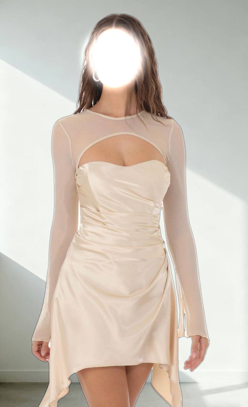 Mesh Satin Cutout Dress in Champagne