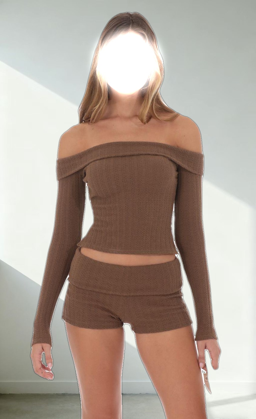 Knitted Off Shoulder Top in Brown