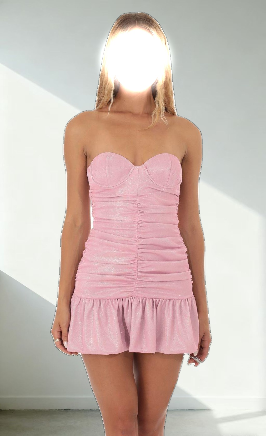 Shimmer Strapless Ruched Dress in Pink
