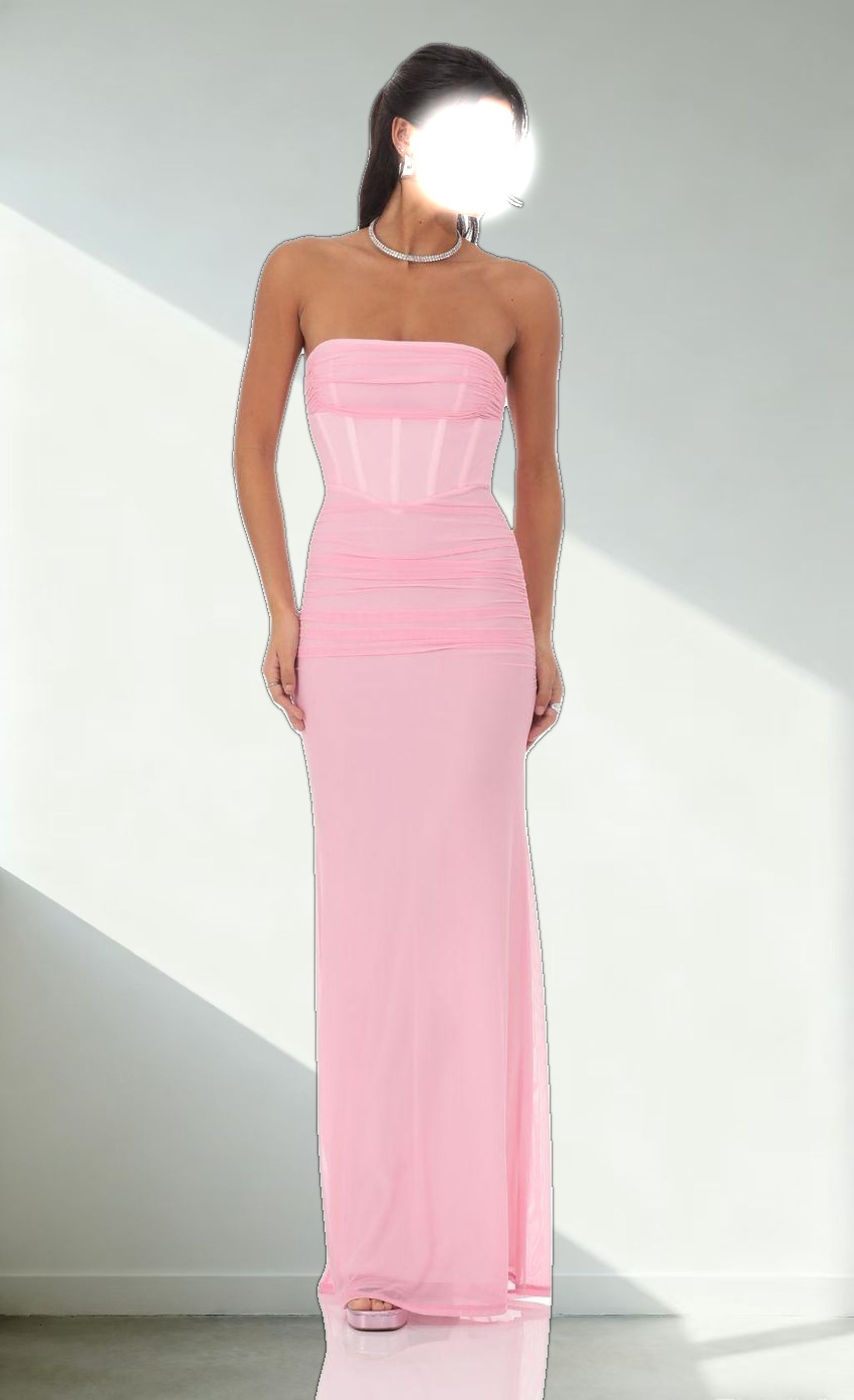 Mesh Strapless Corset Maxi Dress in Pink