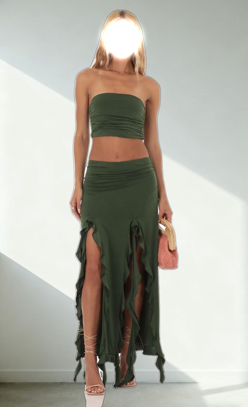 Ruffle Slit Two Piece Set in Green
