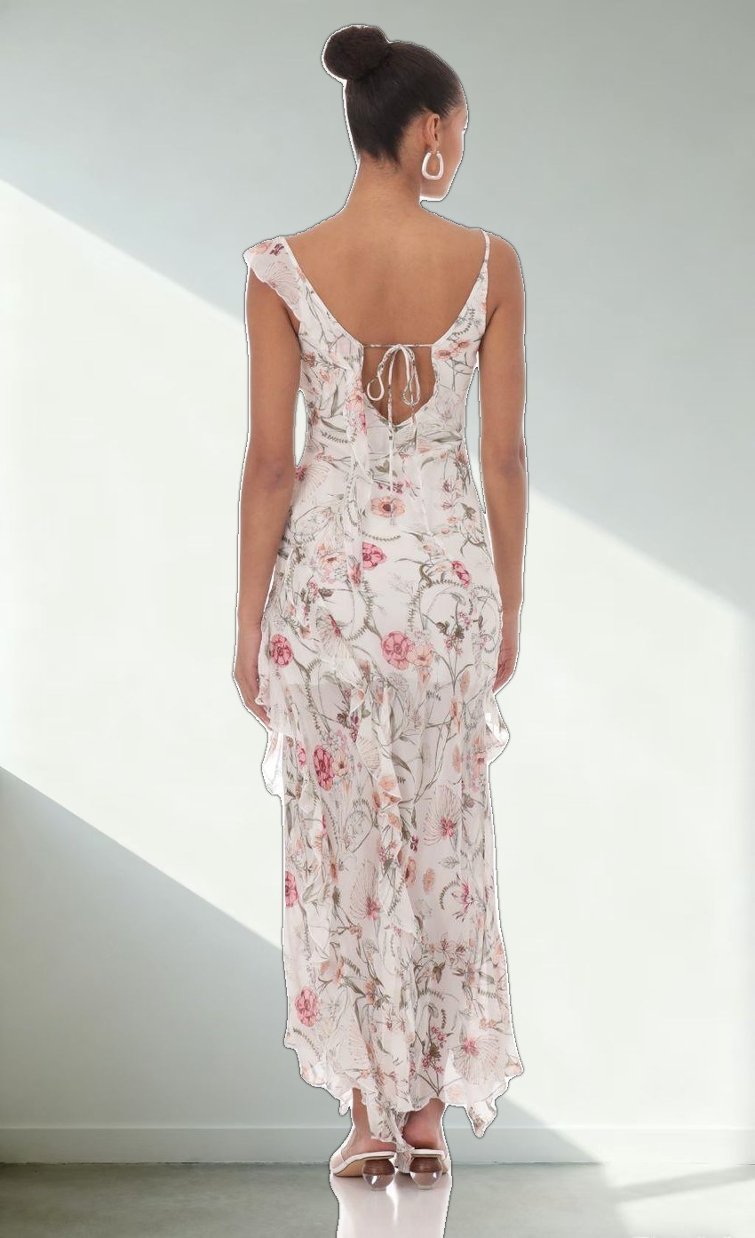Floral Chiffon Ruffle Maxi Dress in White