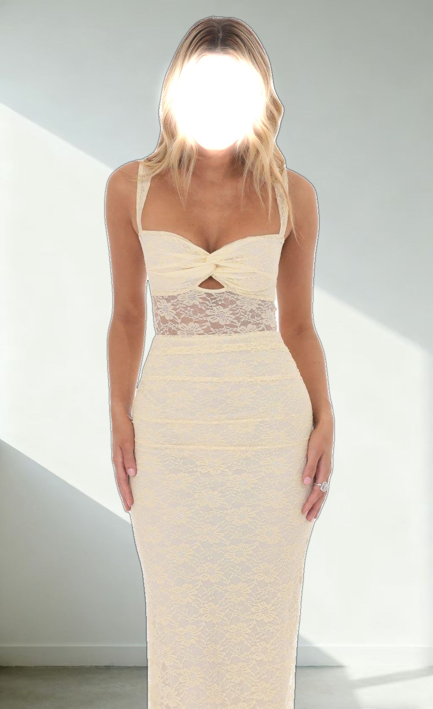 Lace Twist Ruched Maxi Dress in Yellow