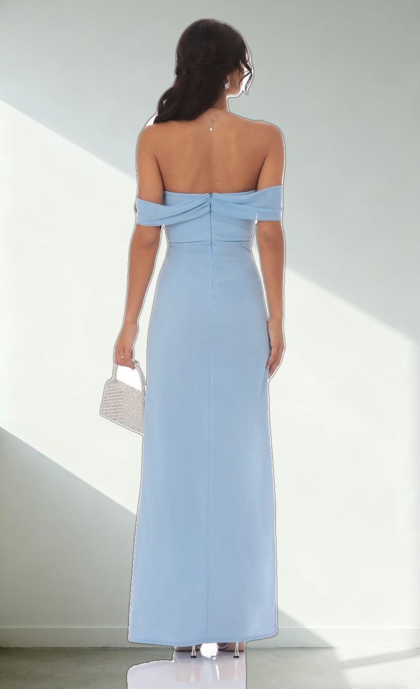 Mesh Draped Corset Maxi Dress in Light Blue