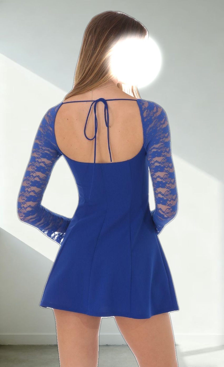 Lace Sleeve Fit and Flare Dress in Blue