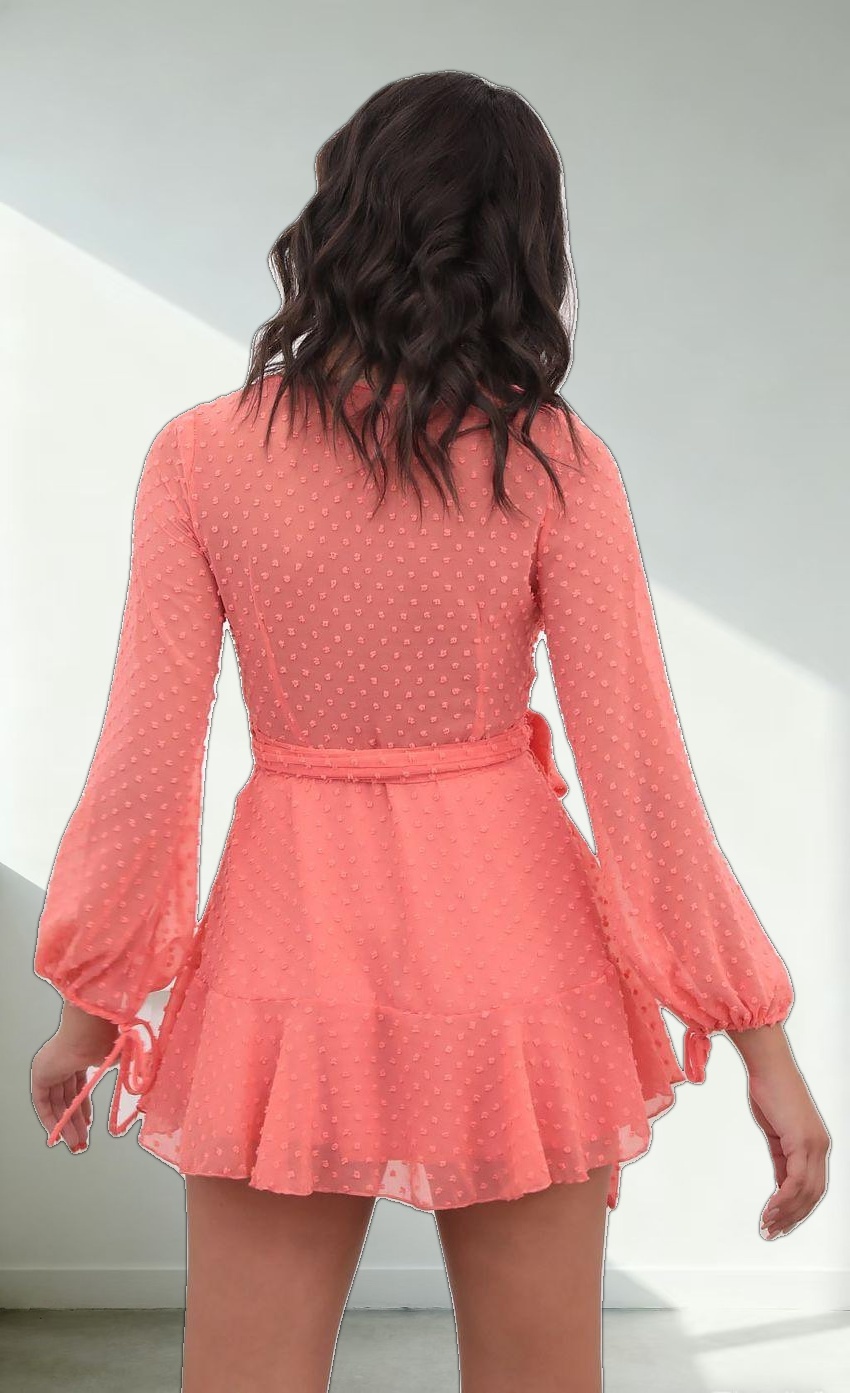 Dotted Long Sleeve Wrap Dress in Coral