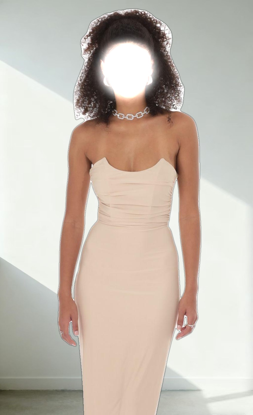 Strapless Corset Sequin Butterfly Maxi Dress in Beige